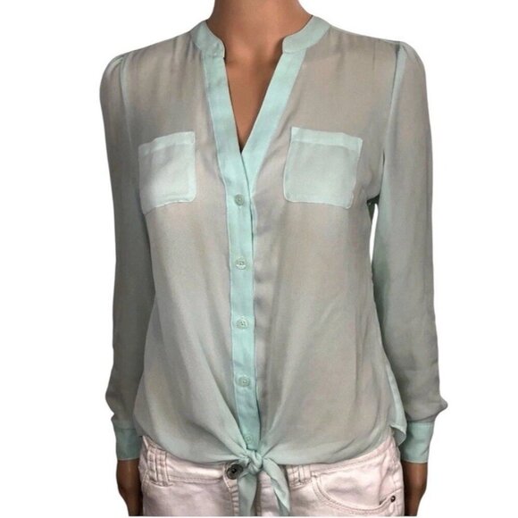 Candies Sheer Mint Green Button Down Roll Tab Sleeve Top Lace Back Size XL - Picture 1 of 10